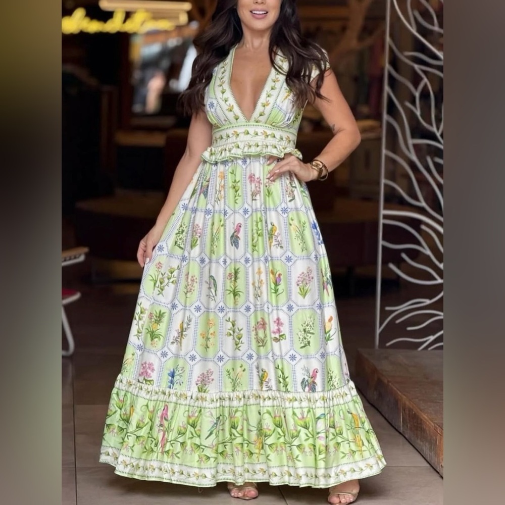 FARM Rio Floral Porcelain Green Long Dress Size S